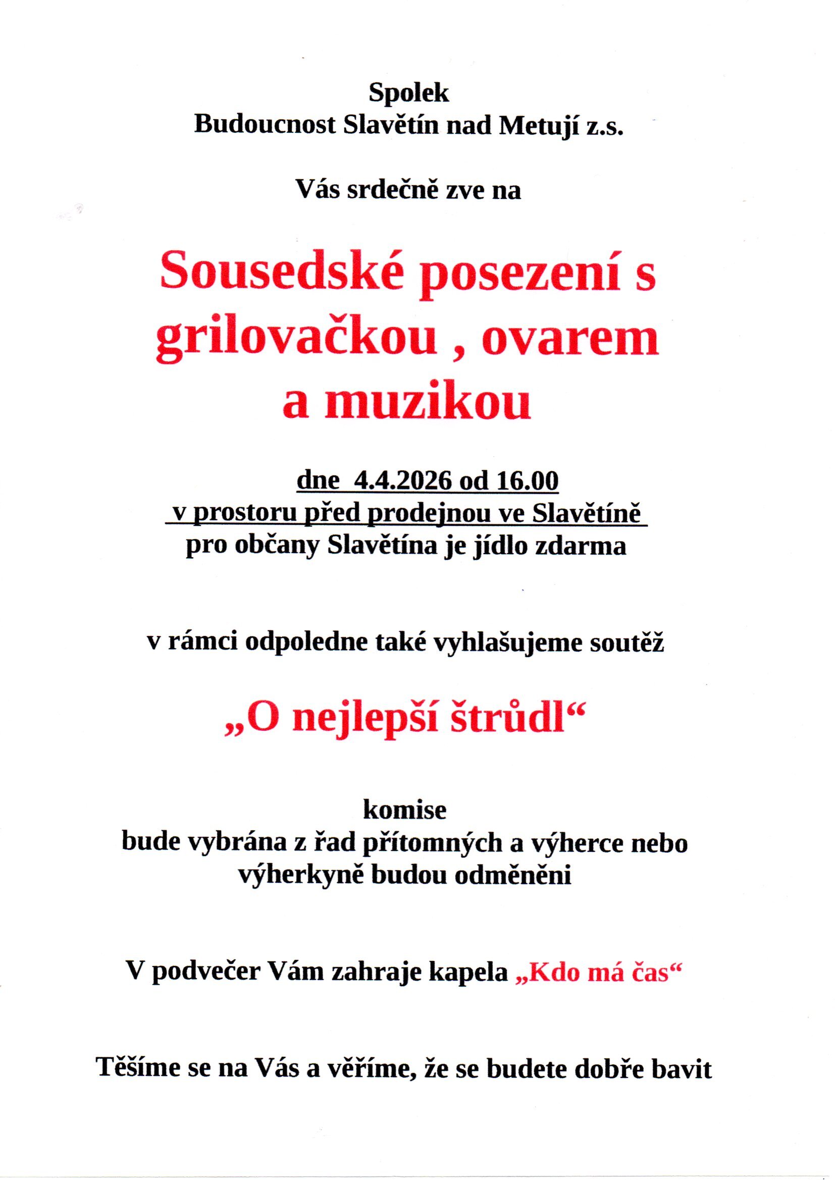 Sousedské posezení 4.4. od 16 hodin