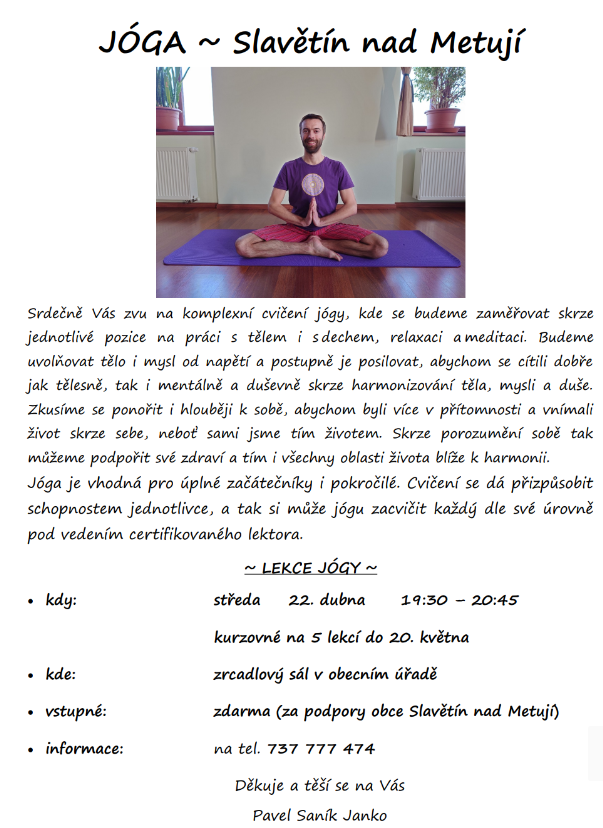 Kurz Jogy na tělocvičně OÚ od 22. dubna